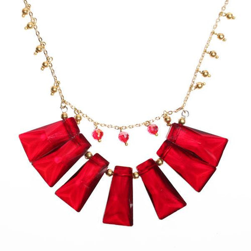 Glasperlen Kette rot Perlen Brass Glaskristall Trapez 65 cm zweilagig gold nickelfrei Karabiner