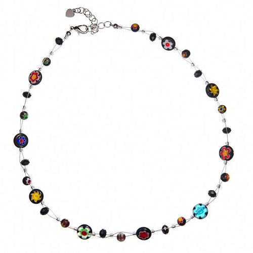 Damen Kette Halskette Muranoglas Blume Scheibe Perlen Glasperlen schwarz bunt 42-48 cm nickelfrei