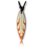 Load image into Gallery viewer, The Surferkette Wellen blau orange features a surfboard-shaped pendant with blue and orange design, made from Sonoholz, on an adjustable black cotton cord. The necklace is displayed on a white background.
