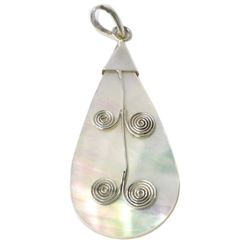 Perlmutt-Anhänger, tropfenförmiger Damenanhänger aus 925er Sterlingsilber und Perlmutt, mit Silberverzierung, ca. 43 x 22mm