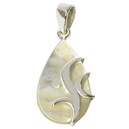 Perlmutt-Anhänger, tropfenförmiger Damenanhänger aus 925er Sterlingsilber und Perlmutt, mit Silberverzierung, ca. 20 x 13mm
