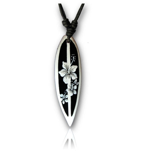Surferkette schwarz Blumen weiß Holzkette Kette Sono Holz Baumwolle Surfer Style Holzanhänger Unisex Schmuck