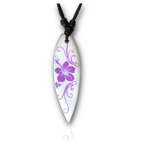 Surferkette lila Blumen weiß Holzkette Kette Sono Holz Baumwolle Surfer Style Holzanhänger Damen Schmuck