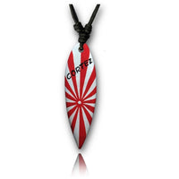 Load image into Gallery viewer, A hand-painted Surferkette with a turquoise flower design on a wooden surfboard pendant, hanging on an adjustable cotton cord for authentic surfer style.
