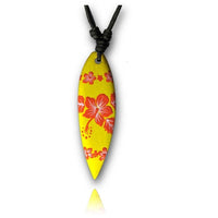 Load image into Gallery viewer, The Surferkette features a turquoise, hand-painted wooden surfboard pendant with floral designs on an adjustable cotton cord, displayed against a white background.

