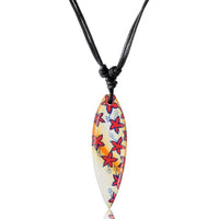 Load image into Gallery viewer, A hand-painted Surferkette features a turquoise flower on a wooden surfboard pendant, hanging from a black, adjustable cotton cord with visible knots—perfect for lovers of surfer-style necklaces.
