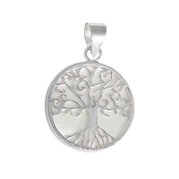 Load image into Gallery viewer, Runder Perlmutt Anhänger aus 925er Sterlingsilber mit stilisierter Baum des Lebens Blume und edlem Muschel-Perlmutt-Inlay – elegantes Schmuckstück in Silber.
