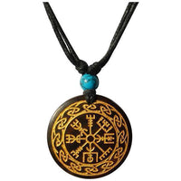 Load image into Gallery viewer, The Halskette Holz Türkis verstellbar Anhänger gold silber features a round Holzanhänger with golden Vegvisir and knotwork, plus a blue bead on an adjustable cotton cord—this unisex necklace adds mystical charm to your style.
