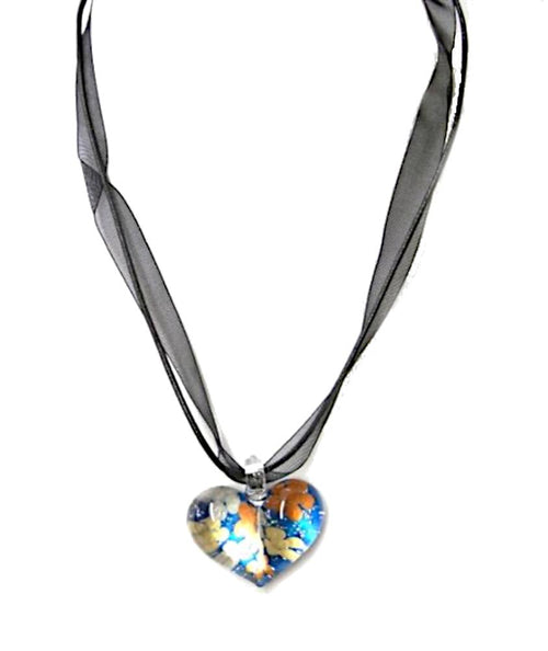 Glasanhänger mit Stoffkette, Bunt mit Muster, herzförmig, 3,5x2,5cmØ