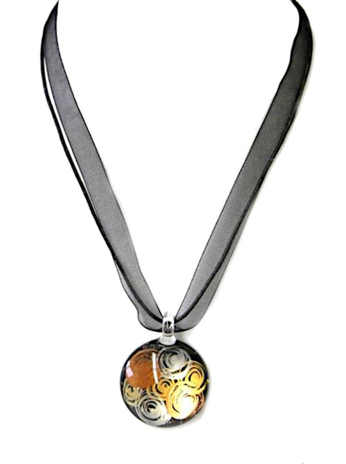 Glasanhänger mit Stoffkette, Schwarz mit Kreismuster, rund, 3cmØ