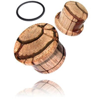 Load image into Gallery viewer, Two hand-carved, light brown Tigerholz wooden plugs with a natural pattern and a black rubber O-ring are displayed on a white background. Ideal as a stylish Tribal Holzplug or classic Ohr Plug Tunnel.
