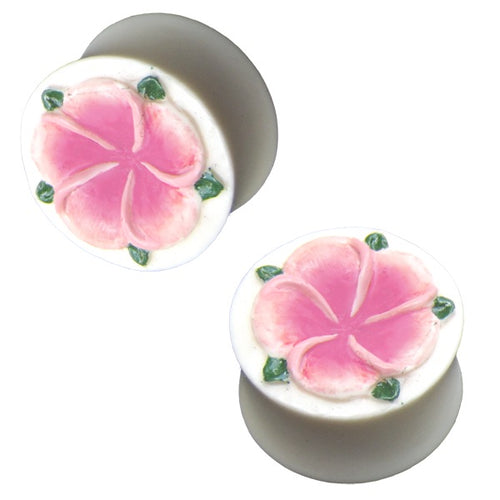 Bone Plug weiß Inlay Blume rosa grün handgeschnitzt Tribal Organic Expander Tunnel Piercing