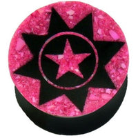Load image into Gallery viewer, This hand-carved black Buffalo Horn Plug features a pink top with a black star inside a circle, surrounded by an eight-pointed star pattern. Product: Horn Plug in schwarz Sternenmuster pink handgeschnitzt Tribal Buffalo Tunnel Ohrstecker.
