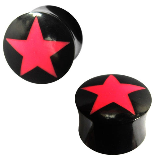 Two black "Horn Plug schwarz mit rotem Stern handgeschnitzt Tribal Buffalo Tunnel Ohrstecker" plugs, each featuring a red star, are displayed from multiple angles against a white background.