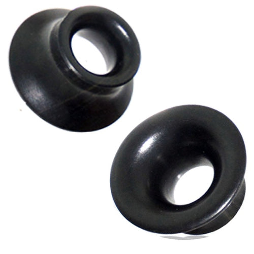 Two Holztunnel Trichter schwarz handgeschnitzt Tribal Holz Tunnel Plugs made from gemasertem Eisenholz are shown on a white background at different angles, highlighting their flared edges and open centers.