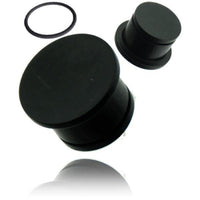 Load image into Gallery viewer, Three black rubber cylinder-shaped items—two differently sized solid stoppers and a thin O-ring—are displayed on white, comparable in function to the Tribal Plug schwarz single flared Eisenholz konkav Holzplug handgeschnitzt Tunnel Expander.
