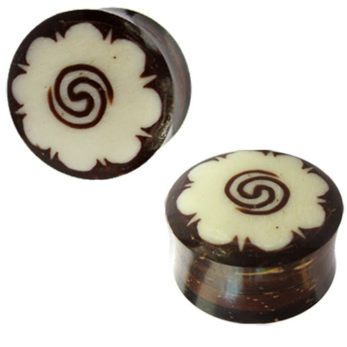 Holzplug Inlay weiß Spirale dunkelbraun Kokosholz handgeschnitzt Tribal Plug Tunnel Expander