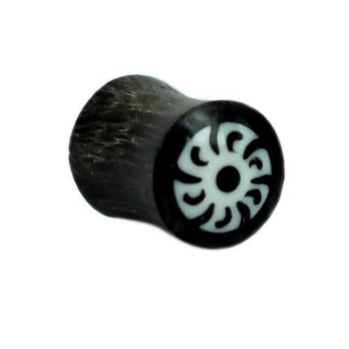 Sonne Plug Tamarindenholz dunkelbraun Holzplug handgeschnitzt Bone Inlay Tribal Holz Tunnel