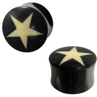 Cargar imagen en el visor de la galería, Horn Plug schwarz Bone Inlay weiß Stern Hornplug Büffelhorn Tribal Buffalo Tunnel Ohrring Ohrstecker
