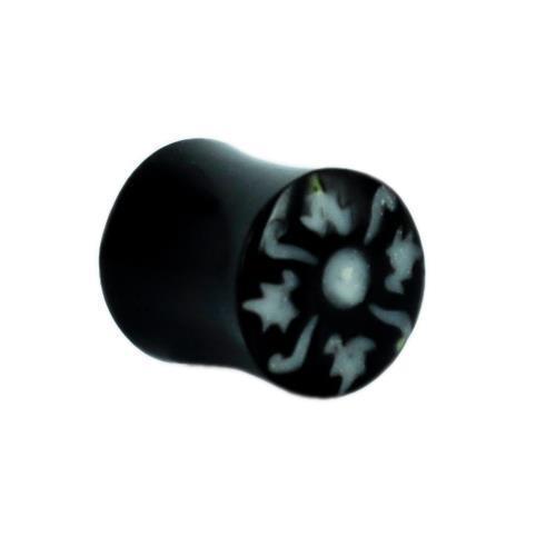 The Horn Plug schwarz Bone Inlay weiß Distel Muster features a black cylindrical shape with a striking white thistle-style bone inlay on one end, shown at an angle against a plain white background.