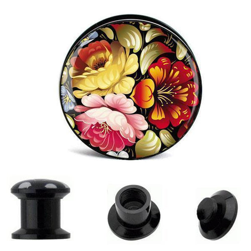 The Schraub Plug Acryl features a large floral design in red, beige, and pink. Shown from side, back, and with the threaded cap off—this striking Tunnel Expander is perfect as unique Ohrschmuck for your piercing.