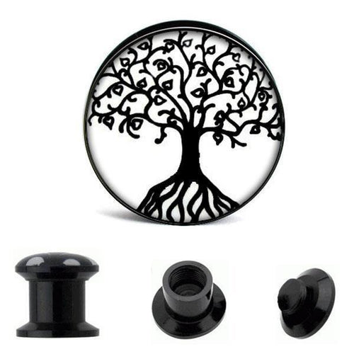 Schraub Plug Acryl Baum des Lebens weiß schwarz Tunnel Expander Piercing Ohrschmuck
