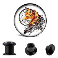 Cargar imagen en el visor de la galería, The Schraub Plug Acryl Fuchs Traumfänger Federn Tunnel Expander Piercing Ohrschmuck is a black circular plug featuring a fox head with dreamcatcher and feathers. Three angled views are displayed below the main image.
