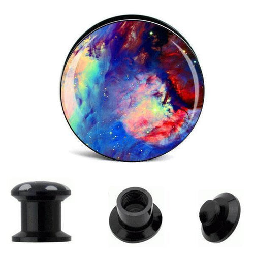 The Schraub Plug Acryl Farbverlauf weiß blau rot is a round black acrylic Tunnel Expander Piercing with a vibrant gradient design in white, blue, and red. Shown from front, side, and disassembled views as unique Ohrschmuck.
