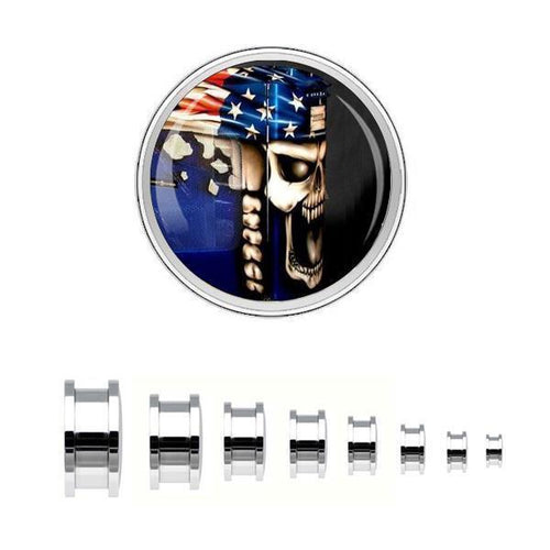 A set of seven Schraub Plug Tunnel Edelstahl Rand Skull USA Flagge Acryl Expander Piercing Chirurgenstahl plugs, including a Skull design with a USA flag helmet, arranged by size on a white background.