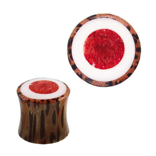 Kokosholz Plug Koralle Kreis rot Inlay Resin weiß Tunnel Tribal Expander