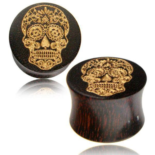Tamarindenholz Plug golden Lasergravur Calavera Schädel Mexico Tunnel Expander Tribal