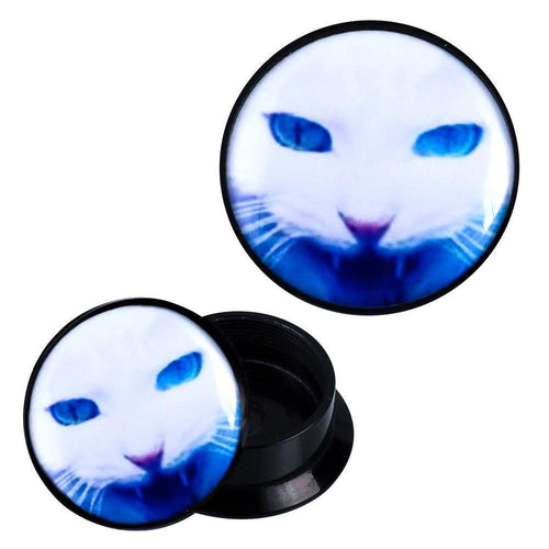 Schraub Plug Acryl Katze Kopf weiß blau Piercing Ohrschmuck