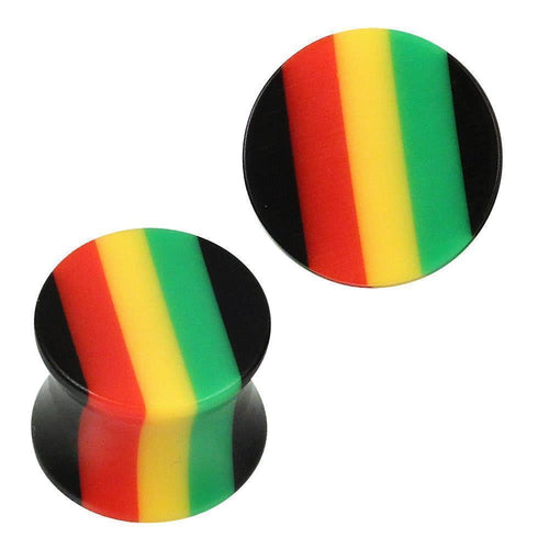 Two round Plug Acryl Rasta Farben Piercings with black edges, featuring bold red, yellow, green, and black stripes. Vertical stripes run parallel across the face of each Double Flared Plug, adding vibrant style to your Ohrschmuck.