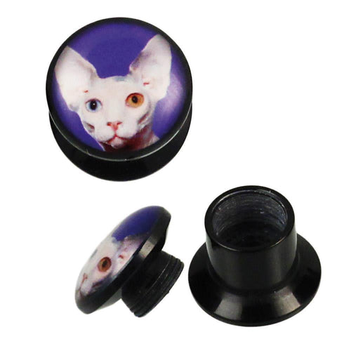 Schraub Plug Acryl Sphynx Katze weiß lila Piercing Ohrschmuck