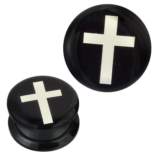 Two Schraub Plug Acryl schwarz weißes Kreuz Piercing Ohrschmuck are displayed from different angles on a white background—striking black and white plugs featuring bold Christian cross designs, ideal for a spiritual style statement.