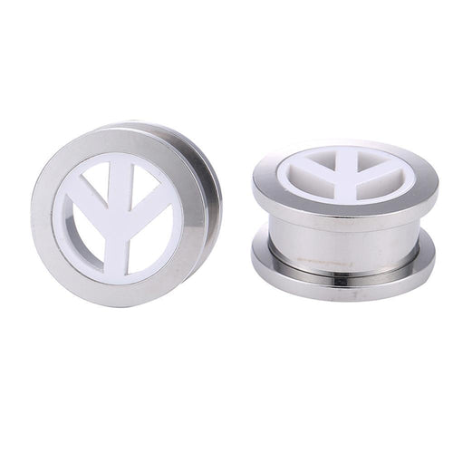 Schraubplug Chirurgenstahl weißes Inlay Peace Zeichen Tunnel Plug Edelstahl dünn silber Farben