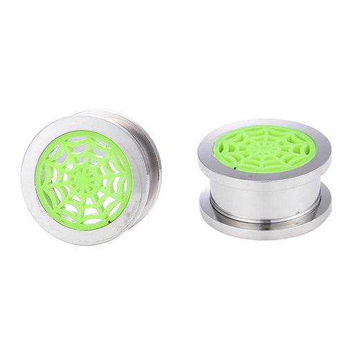 Two silver Schraubplug Chirurgenstahl Tunnel Edelstahl Plugs feature neon green acrylic spiderweb designs on the front, shown side by side on a white background for a bold, unique style.