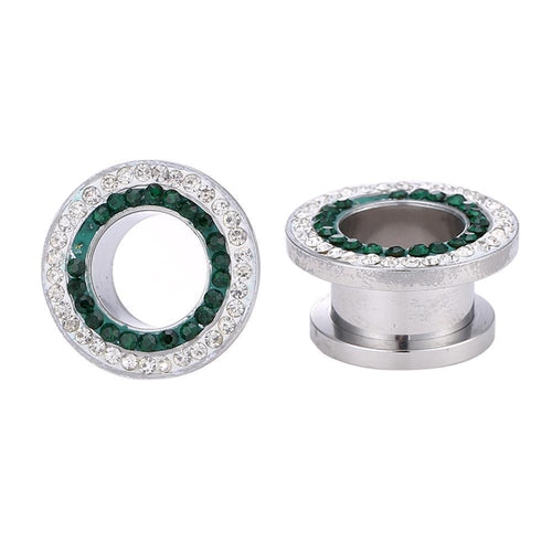 Tunnel Plug Edelstahl Schraubplug dünn silbern Glitzer Kreis Silber Grüne Steine