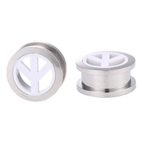 Load image into Gallery viewer, Schraubplug Chirurgenstahl weißes Inlay Peace Zeichen Tunnel Plug Edelstahl dünn silber Farben

