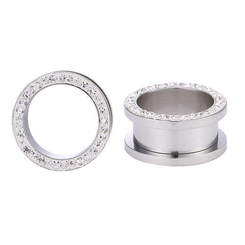 Schraubplug Metalltunnel Tunnel Chirurgenstahl dünn Edelstahl Plug silberfarben Glitzersteine Expander Piercing