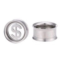 Load image into Gallery viewer, Tunnel Schraubplug Edelstahl dünn silber Dollar Zeichen
