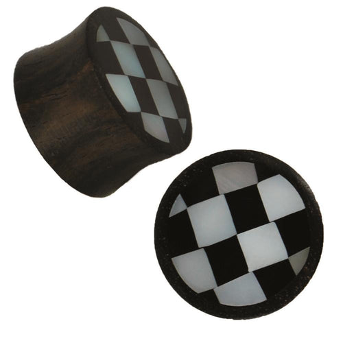 Organic Sonoholz Plug Schachbrett Resin Perlmutt schwarz weiß Tribal