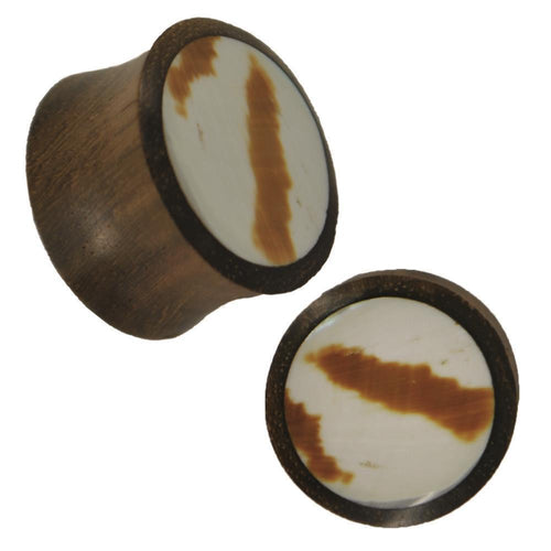 Organic Sonoholz Plug Weiß Gelb Muschel Inlay braun Flecken Muster Tribal