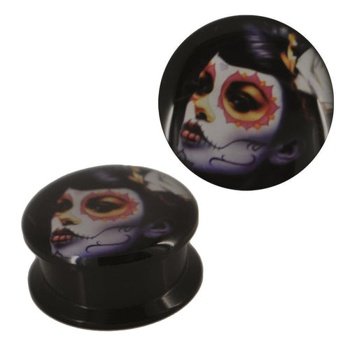 Schraub Plug Acryl Rockabilly Candy Skull Frau lila Rose Piercing schwarz