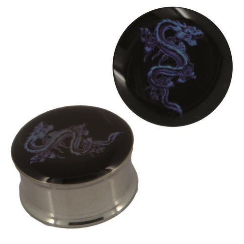 Tunnel silbern Edelstahl Plug Acryl chinesischer Drache blau schwarz Piercing
