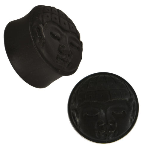Plug Holz schwarz Buddha Kopf handgeschnitzt karierte Haube Tribal Piercing