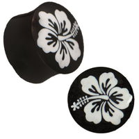 Load image into Gallery viewer, Plug Horn weiße Gravur Hawaii Blume handgeschnitzt schwarz Piercing
