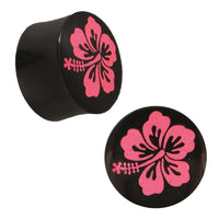 Load image into Gallery viewer, Plug Horn neon pinke Gravur Hawaii Blume handgeschnitzt schwarz Piercing
