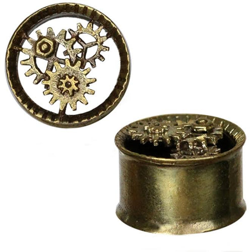 Messing Tunnel steampunk Zahnräder antik golden 3D plastisch Piercing