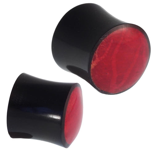 Horn Plug korallen-rotes gemasertes Inlay handgeschnitzt Tribal schwarz